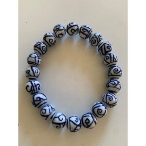 Blue and White Porcelain Bead Stretch Bracelet Hand Painted Swirl Design